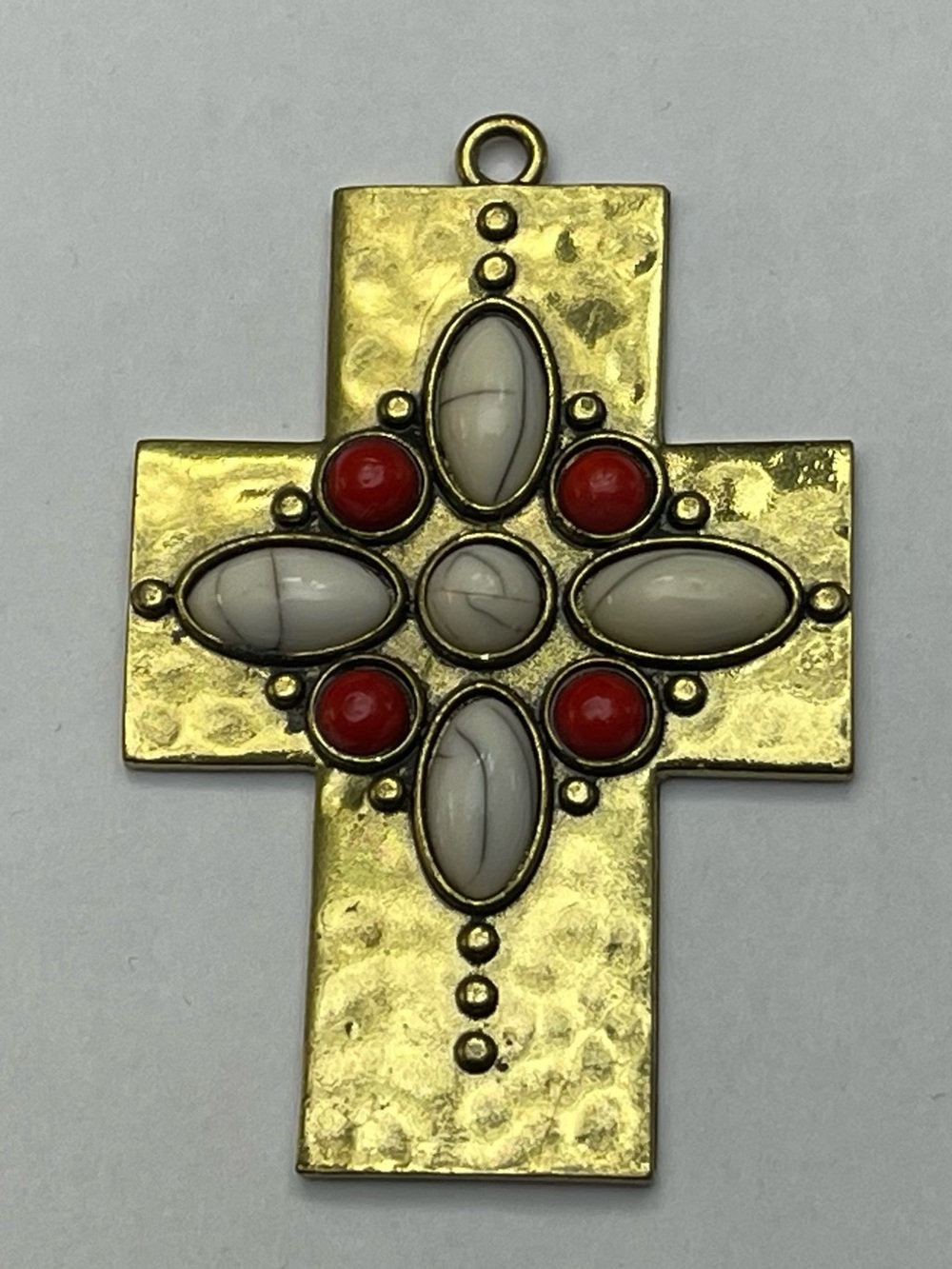 Gold-Tone Cross Pendant with White Howlite and Red Accent Stones
